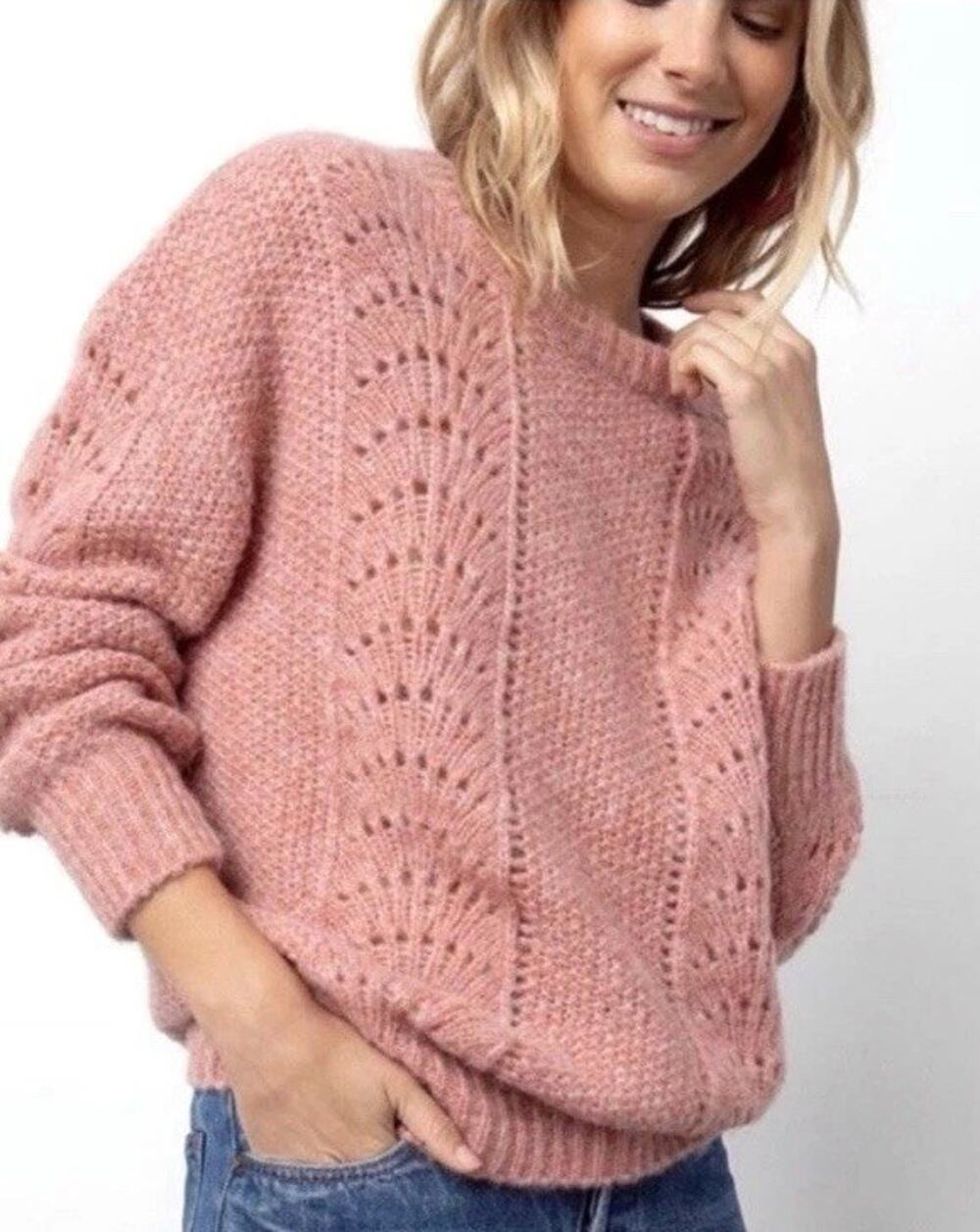 Rails Mara Sweater Size Large Wool Alpaca Blend Open Knit Pointelle Pink Rose